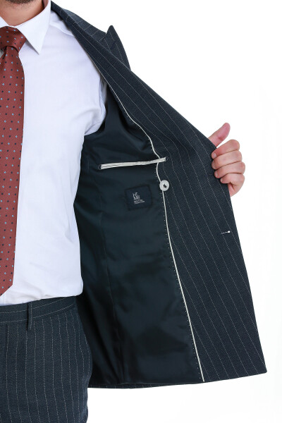 Lacivert Slim Fit Çizgili Kruvaze Casual Takım Elbise - 5