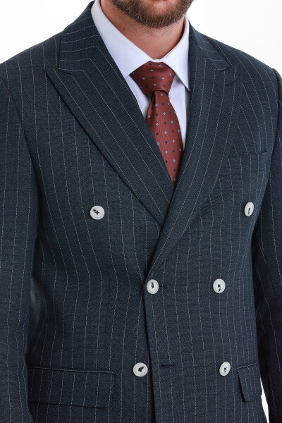 Lacivert Slim Fit Çizgili Kruvaze Casual Takım Elbise - 6