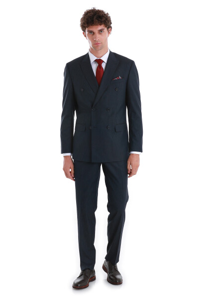 Lacivert Slim Fit Çizgili Kruvaze Klasik Takım Elbise - 1