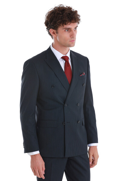 Lacivert Slim Fit Çizgili Kruvaze Klasik Takım Elbise - 3