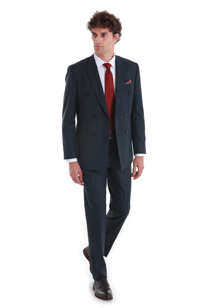 Lacivert Slim Fit Çizgili Kruvaze Klasik Takım Elbise - 4