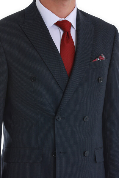 Lacivert Slim Fit Çizgili Kruvaze Klasik Takım Elbise - 5