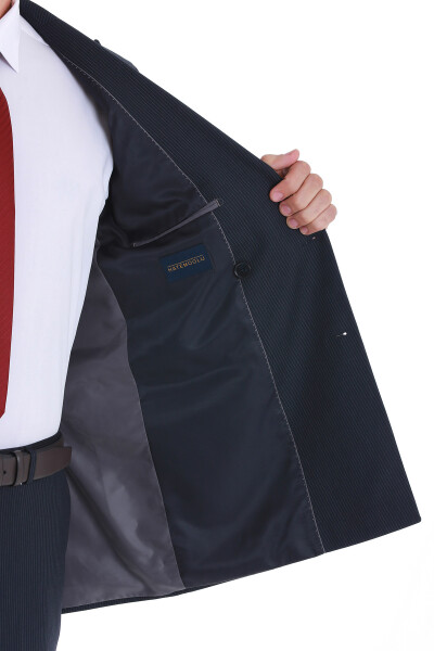 Lacivert Slim Fit Çizgili Kruvaze Klasik Takım Elbise - 6