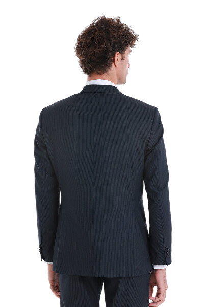 Lacivert Slim Fit Çizgili Kruvaze Klasik Takım Elbise - 7