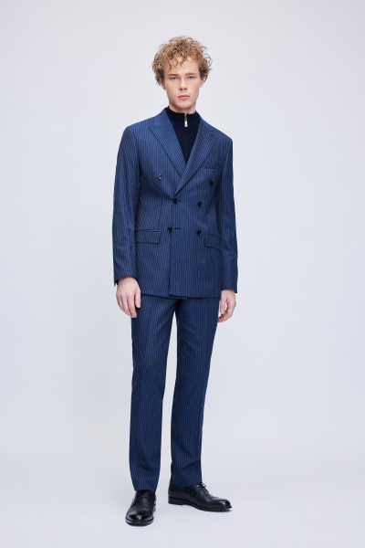 Lacivert Slim Fit Çizgili Kruvaze Takım Elbise - 6