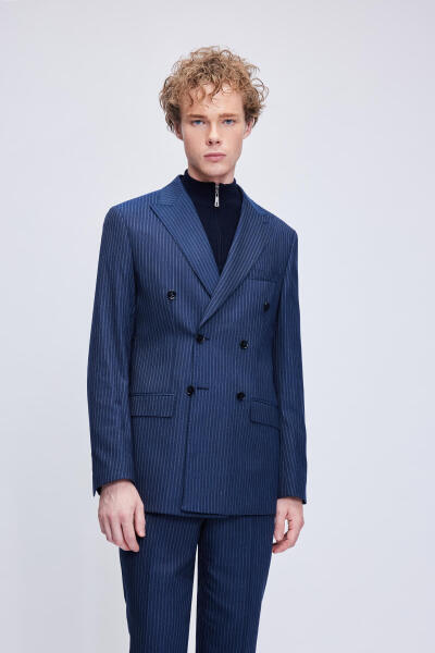 Lacivert Slim Fit Çizgili Kruvaze Takım Elbise - 2