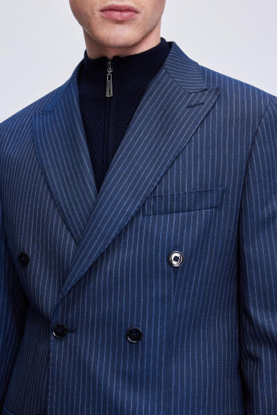 Lacivert Slim Fit Çizgili Kruvaze Takım Elbise - 3