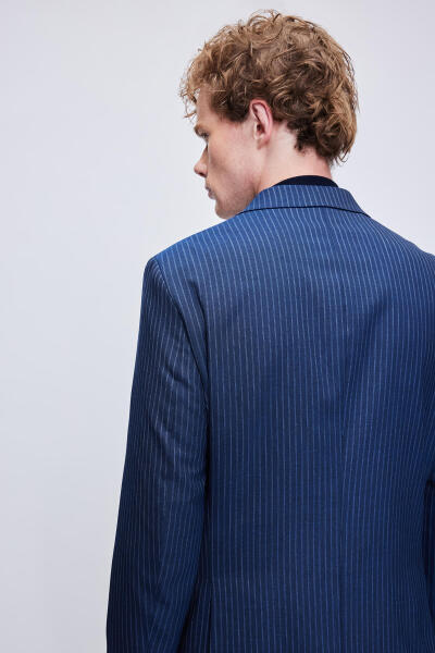 Lacivert Slim Fit Çizgili Kruvaze Takım Elbise - 5