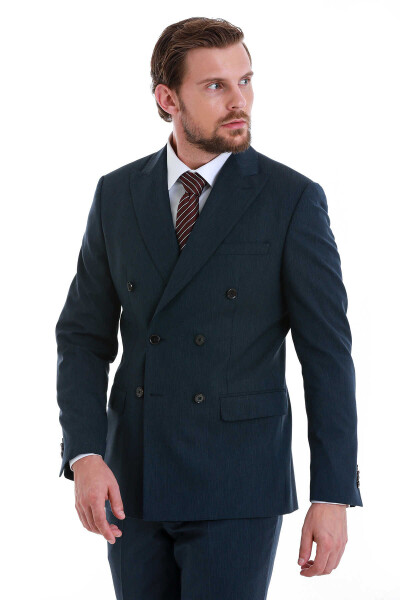 Lacivert Slim Fit Çizgili Kruvaze Takım Elbise - 4