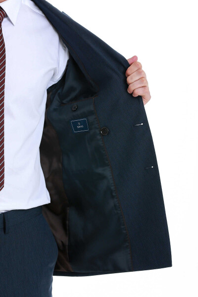 Lacivert Slim Fit Çizgili Kruvaze Takım Elbise - 6