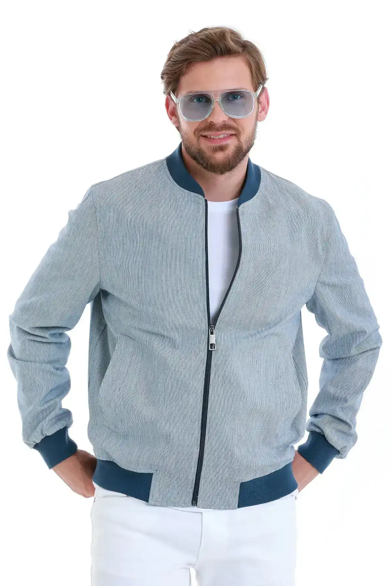 Lacivert Slim Fit Çizgili Mevsimlik Mont - Hatem Saykı