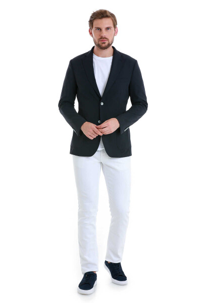 Lacivert Slim Fit Çizgili Mono Yaka Casual Ceket - 2