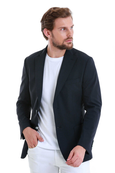 Lacivert Slim Fit Çizgili Mono Yaka Casual Ceket - 3