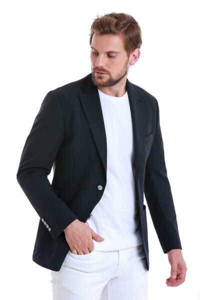 Lacivert Slim Fit Çizgili Mono Yaka Casual Ceket - 4