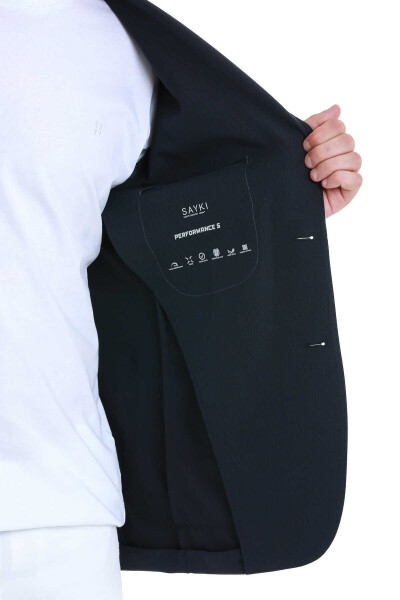 Lacivert Slim Fit Çizgili Mono Yaka Casual Ceket - 5