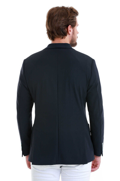 Lacivert Slim Fit Çizgili Mono Yaka Casual Ceket - 7