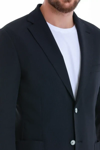 Lacivert Slim Fit Çizgili Mono Yaka Casual Ceket - 6