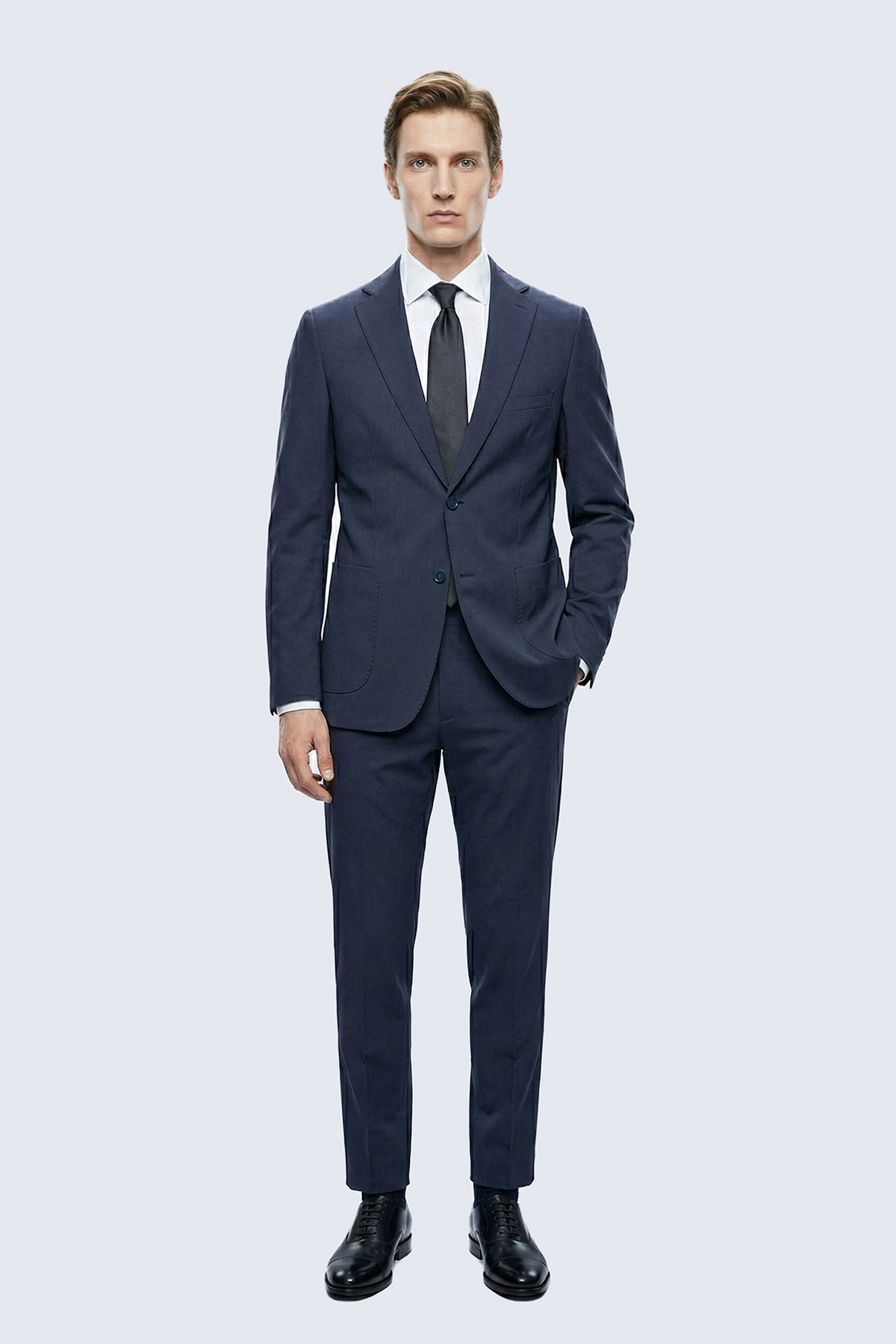 Lacivert Slim Fit Çizgili Mono Yaka Takım Elbise - 1
