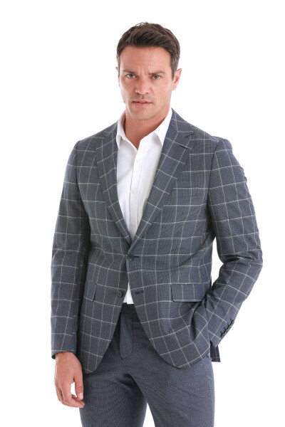 Lacivert Slim Fit Çizgili Mono Yaka Takım Elbise - 2