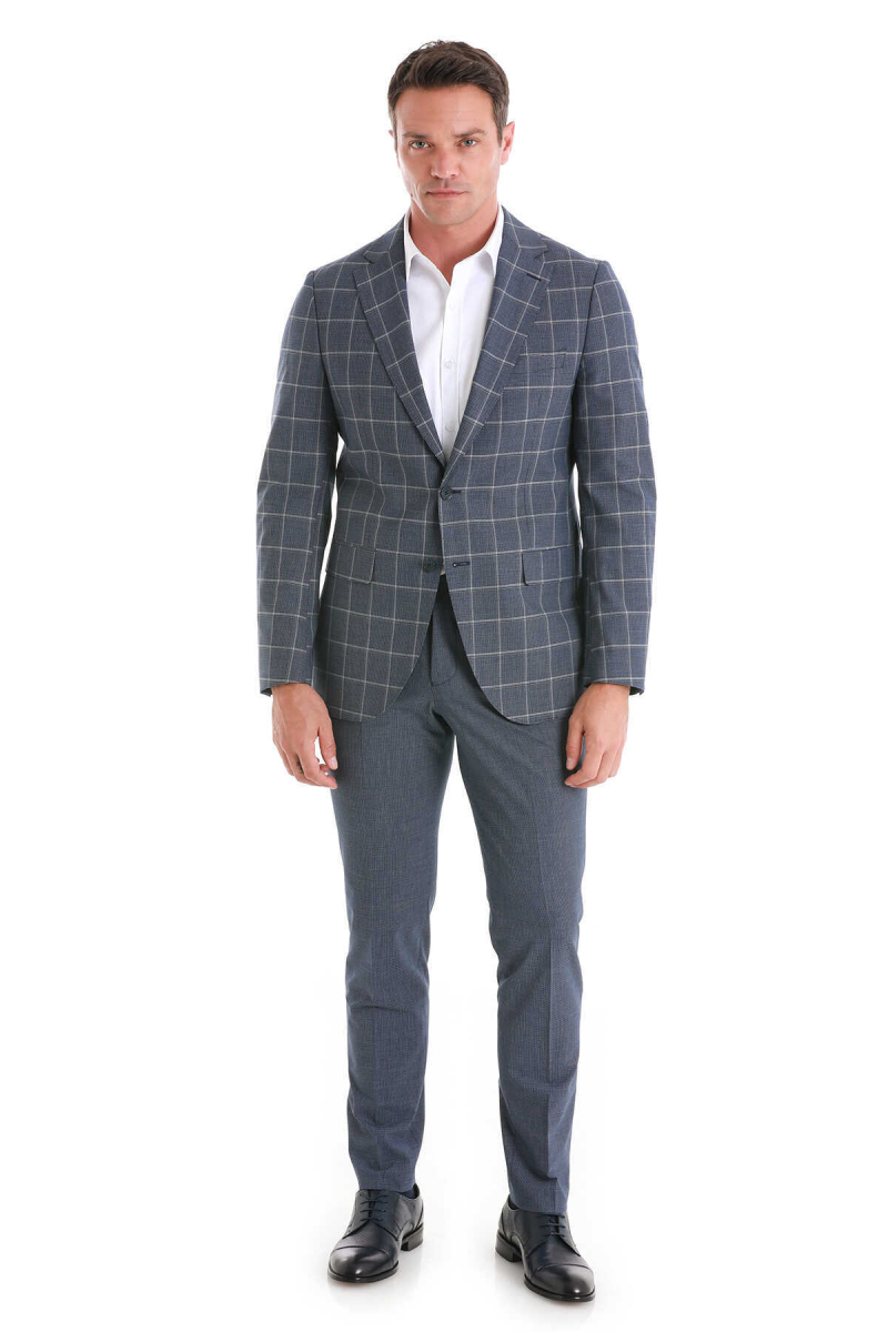 Lacivert Slim Fit Çizgili Mono Yaka Takım Elbise - Hatem Saykı