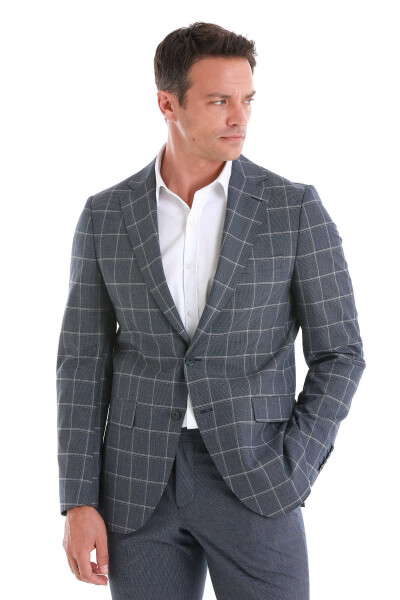 Lacivert Slim Fit Çizgili Mono Yaka Takım Elbise - 3