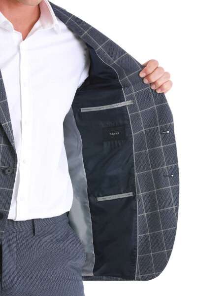 Lacivert Slim Fit Çizgili Mono Yaka Takım Elbise - 5