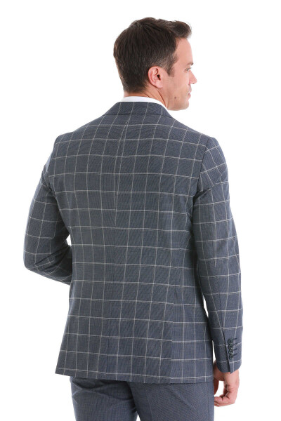 Lacivert Slim Fit Çizgili Mono Yaka Takım Elbise - 6