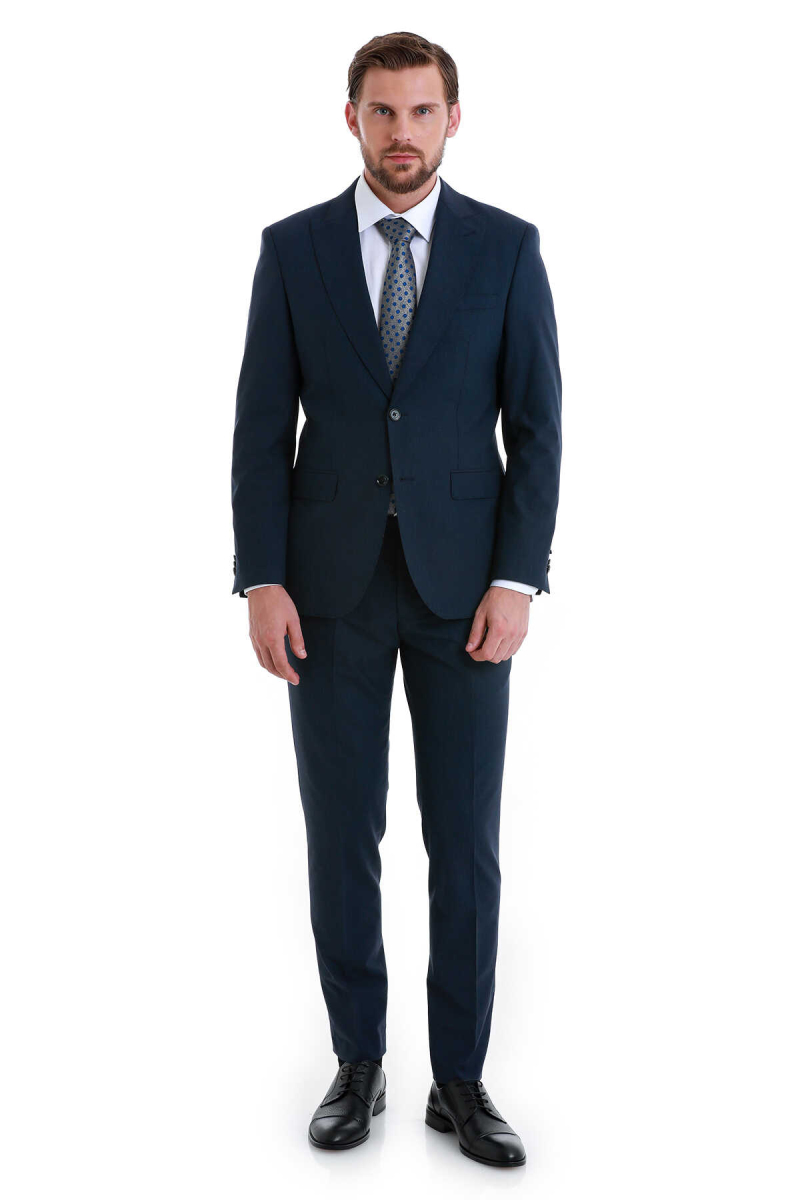 Lacivert Slim Fit Çizgili Sivri Yaka Klasik Takım Elbise - Hatem Saykı