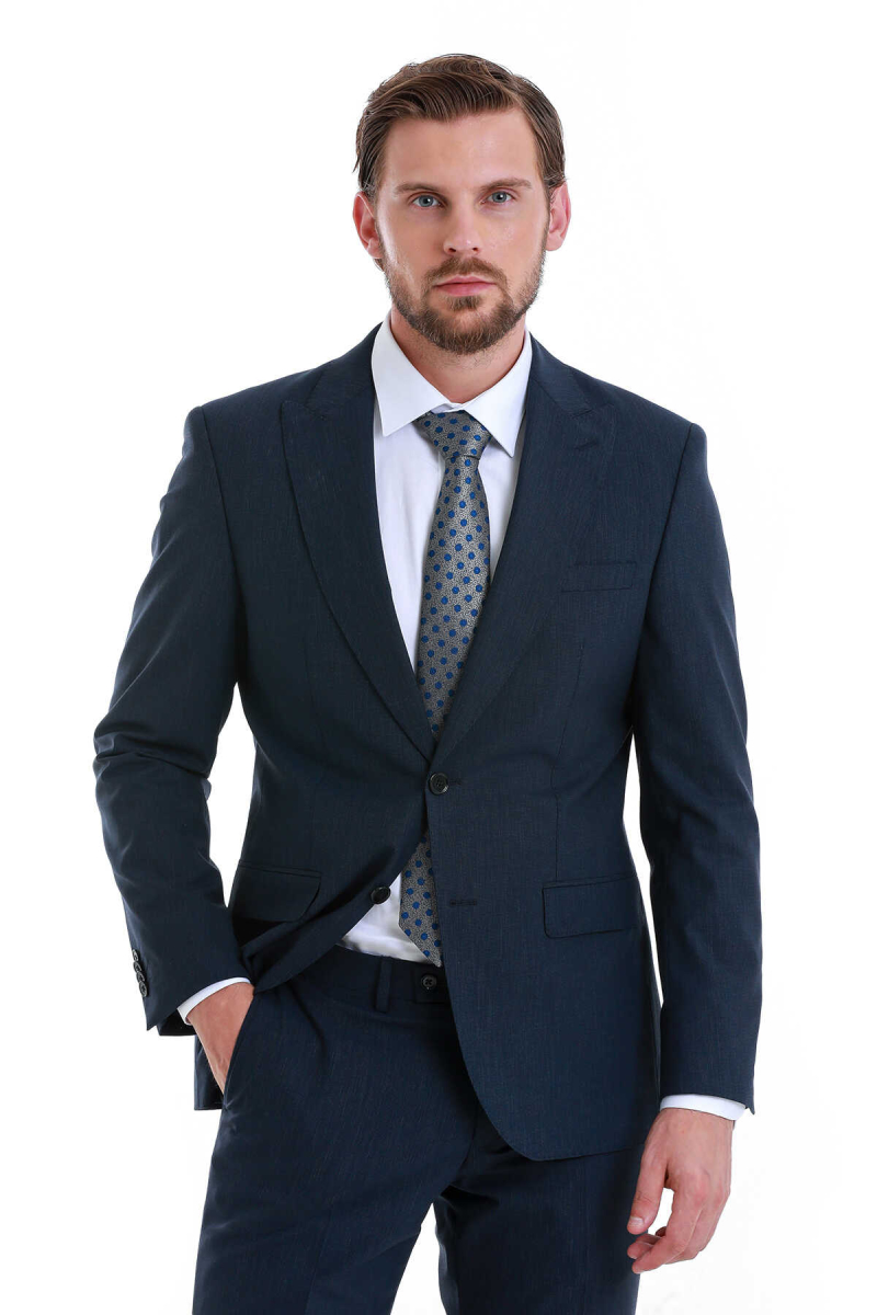 Lacivert Slim Fit Çizgili Sivri Yaka Klasik Takım Elbise - Hatem Saykı (1)