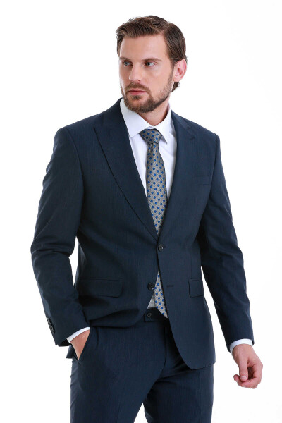 Lacivert Slim Fit Çizgili Sivri Yaka Klasik Takım Elbise - 3