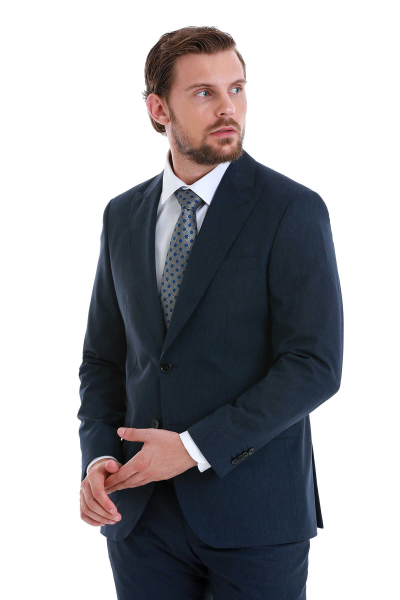 Lacivert Slim Fit Çizgili Sivri Yaka Klasik Takım Elbise - Hatem Saykı (1)