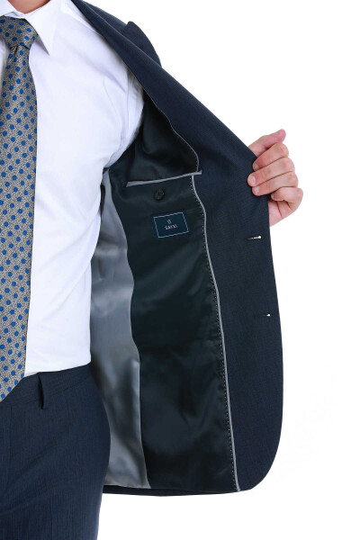 Lacivert Slim Fit Çizgili Sivri Yaka Klasik Takım Elbise - 5