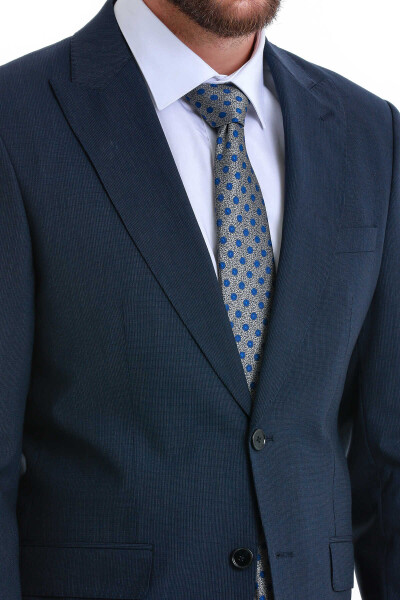 Lacivert Slim Fit Çizgili Sivri Yaka Klasik Takım Elbise - 6