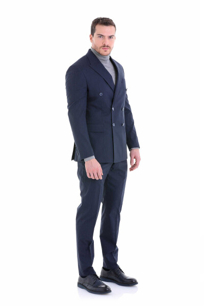 Lacivert Slim Fit Çizgili Sivri Yaka Klasik Kruvaze Takım Elbise - 1