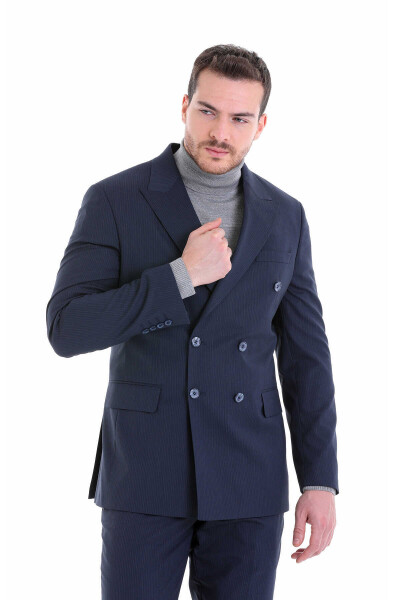 Lacivert Slim Fit Çizgili Sivri Yaka Klasik Kruvaze Takım Elbise - 2