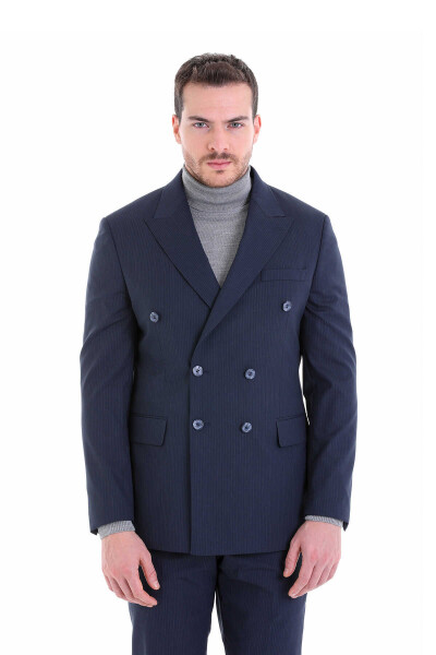 Lacivert Slim Fit Çizgili Sivri Yaka Klasik Kruvaze Takım Elbise - 4