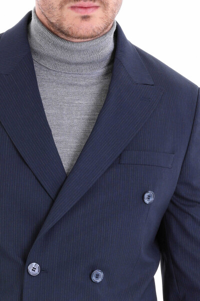 Lacivert Slim Fit Çizgili Sivri Yaka Klasik Kruvaze Takım Elbise - 5