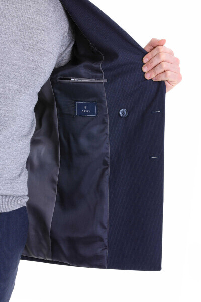 Lacivert Slim Fit Çizgili Sivri Yaka Klasik Kruvaze Takım Elbise - 6