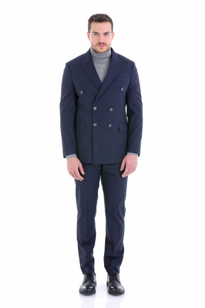 Lacivert Slim Fit Çizgili Sivri Yaka Klasik Kruvaze Takım Elbise - 3