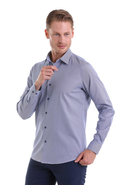 Lacivert Slim Fit Desenli 100% Pamuk Slim Yaka Uzun Kollu Spor Gömlek 