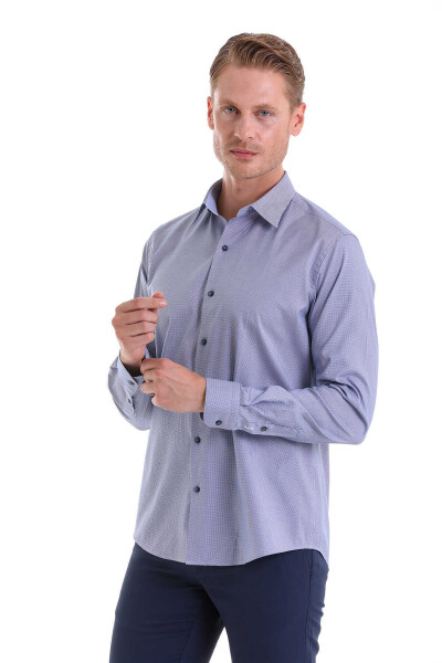 Lacivert Slim Fit Desenli 100% Pamuk Slim Yaka Uzun Kollu Spor Gömlek - 3