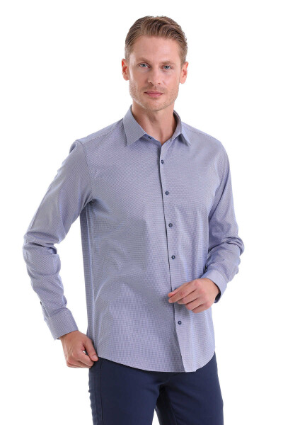 Lacivert Slim Fit Desenli 100% Pamuk Slim Yaka Uzun Kollu Spor Gömlek - 4