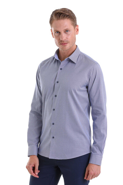 Lacivert Slim Fit Desenli 100% Pamuk Slim Yaka Uzun Kollu Spor Gömlek - 5