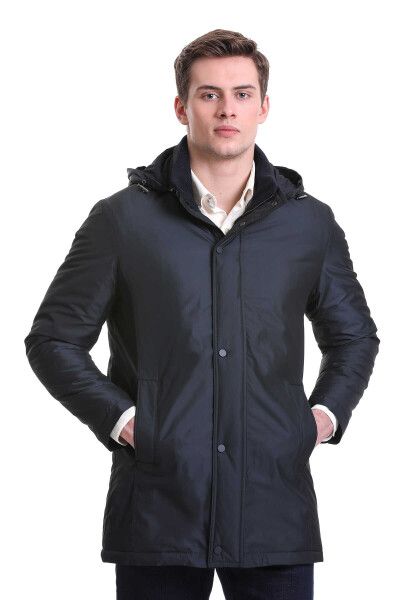 Lacivert Slim Fit Desenli Hakim Yaka Kapüşonlu Kaban 