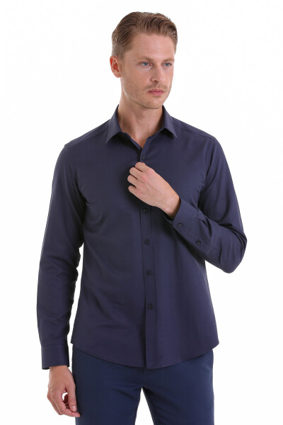 Lacivert Slim Fit Desenli Pamuklu Slim Yaka Uzun Kollu Spor Gömlek - 4