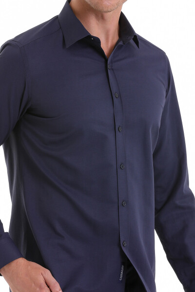 Lacivert Slim Fit Desenli Pamuklu Slim Yaka Uzun Kollu Spor Gömlek - 5