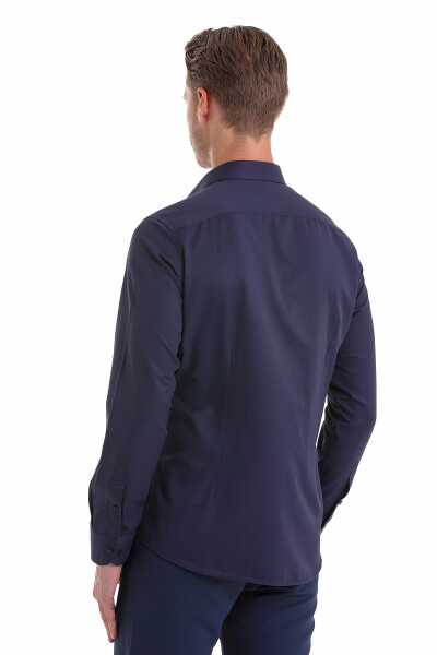 Lacivert Slim Fit Desenli Pamuklu Slim Yaka Uzun Kollu Spor Gömlek - 6