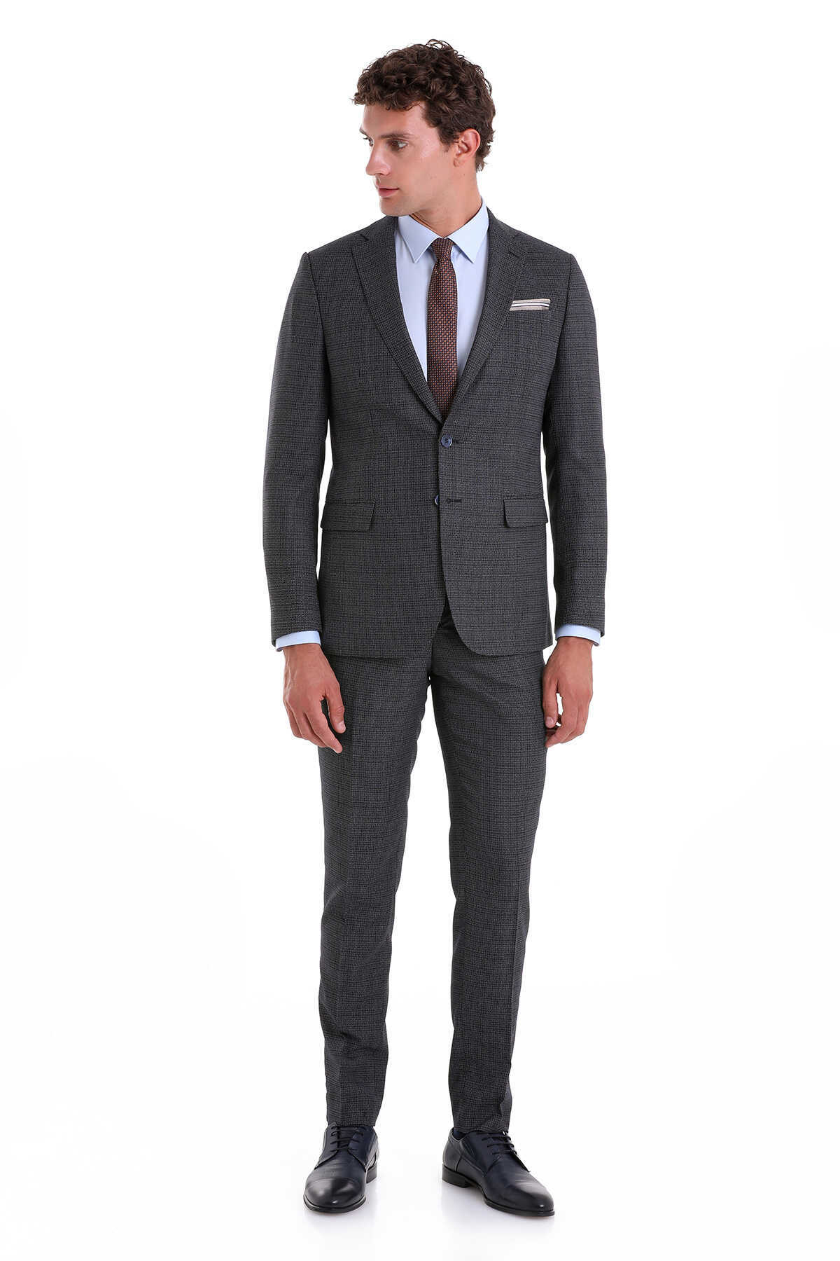 Lacivert Slim Fit Desenli Mono Yaka Klasik Takım Elbise - 1