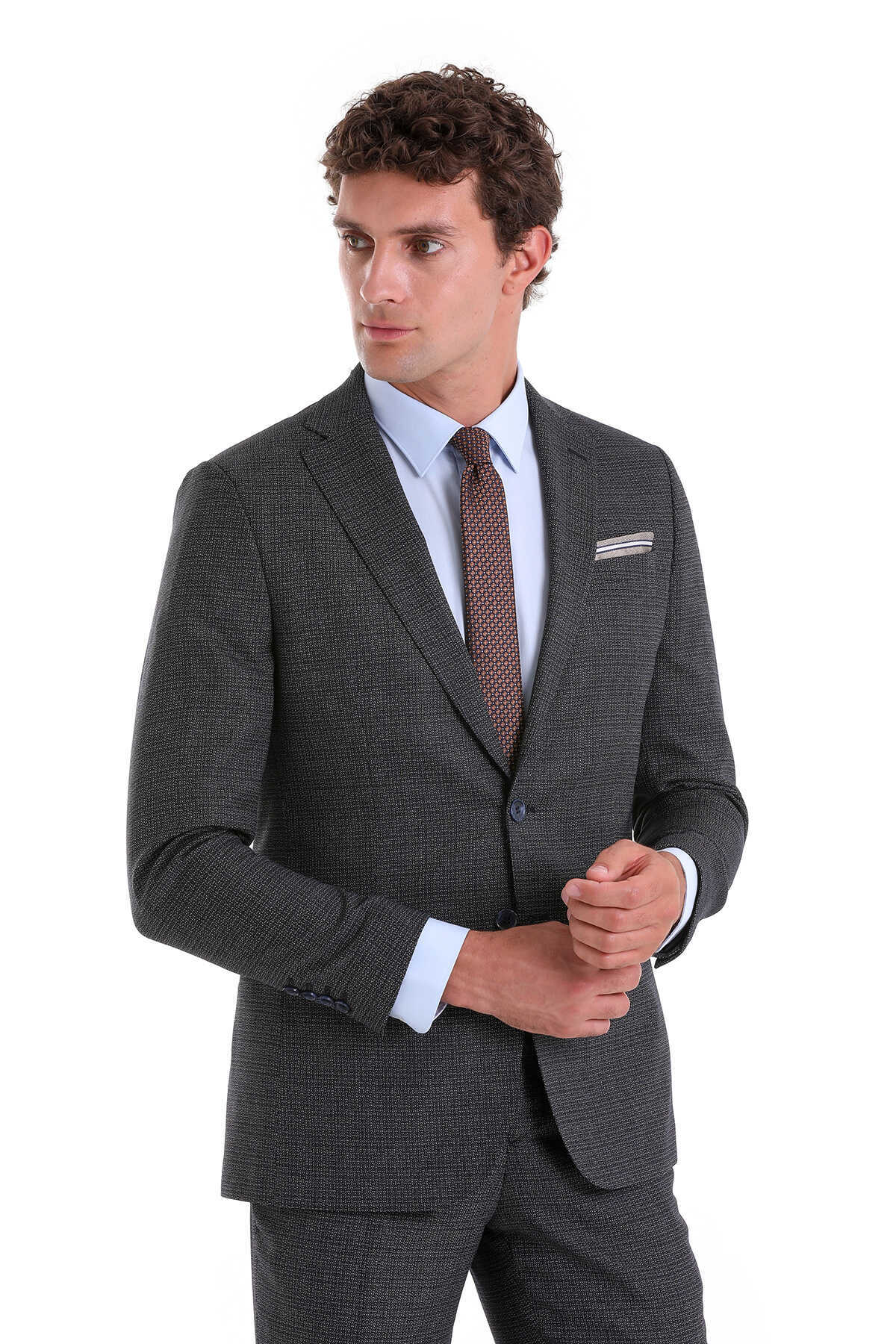 Lacivert Slim Fit Desenli Mono Yaka Klasik Takım Elbise - 3