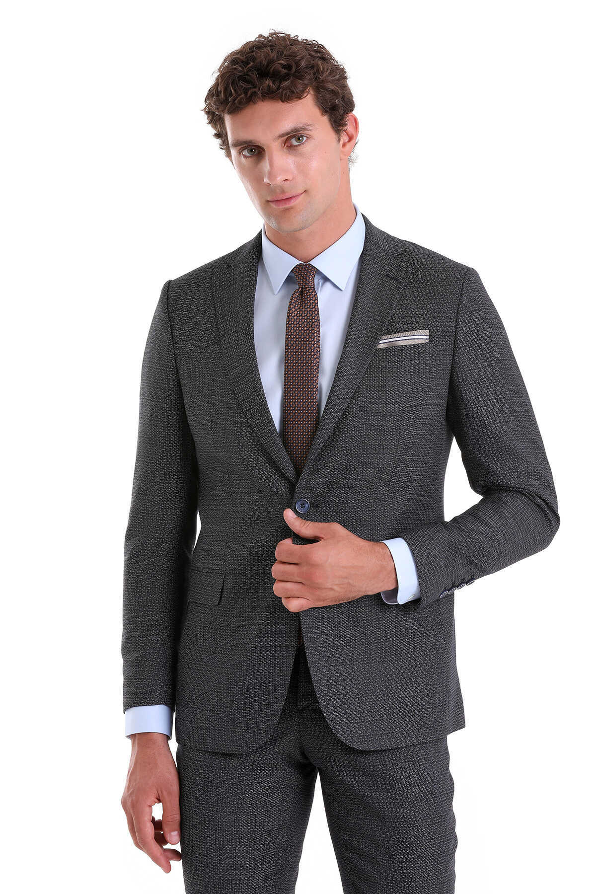 Lacivert Slim Fit Desenli Mono Yaka Klasik Takım Elbise - 4